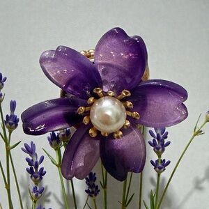 Elegant Purple Flower Ring with Pearl Accent